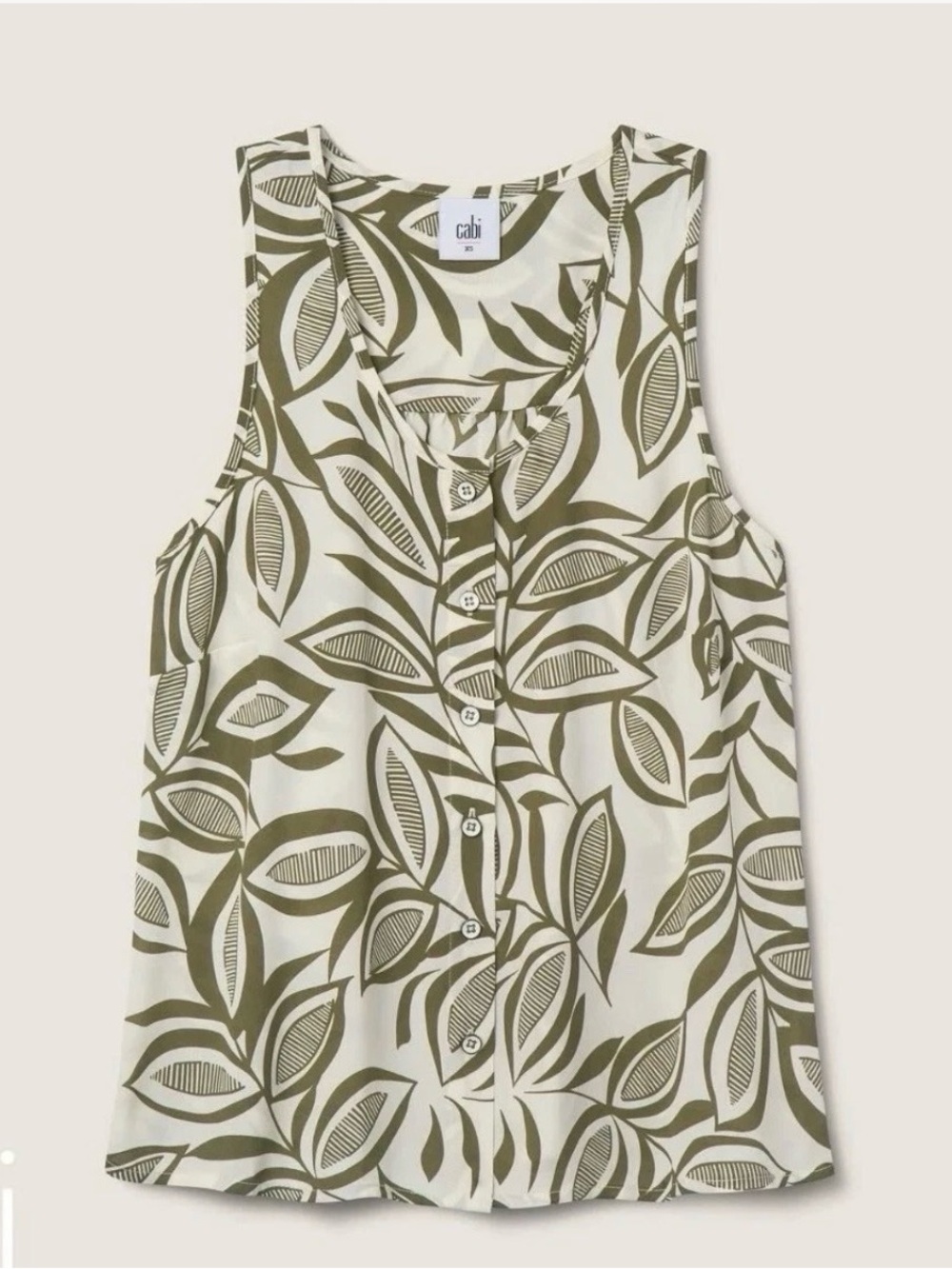 CAbi Olive Leaf-Print Button Tank in Olive and Cream